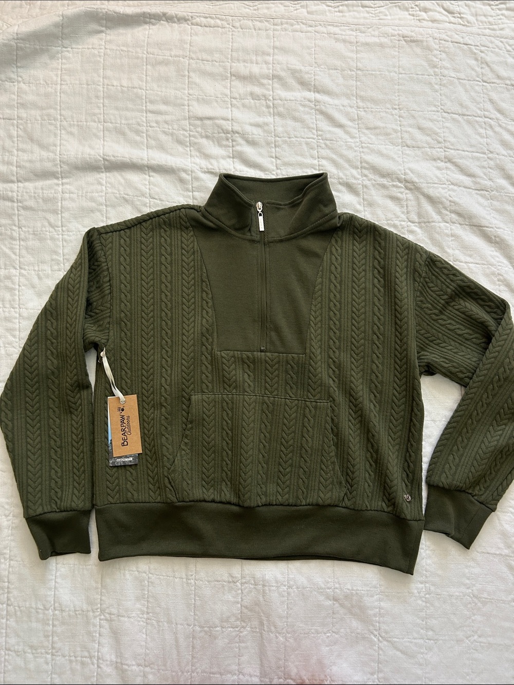 BearPaw Olive Green Cable-Knit Quarter-Zip Pullover
